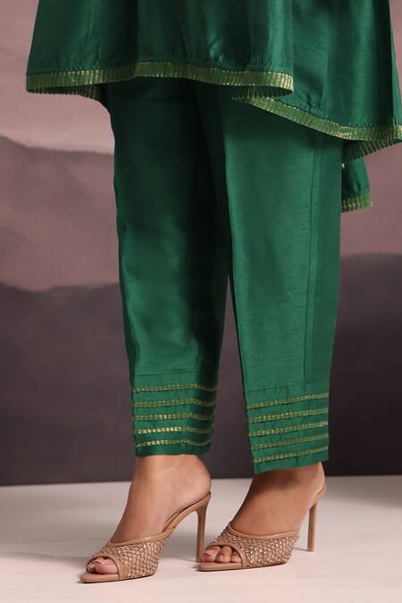 OMI_Green Silk Sequins, Embroidery Split V-neck High Low Kurta With Pant _Online_at_Aza_Fashions