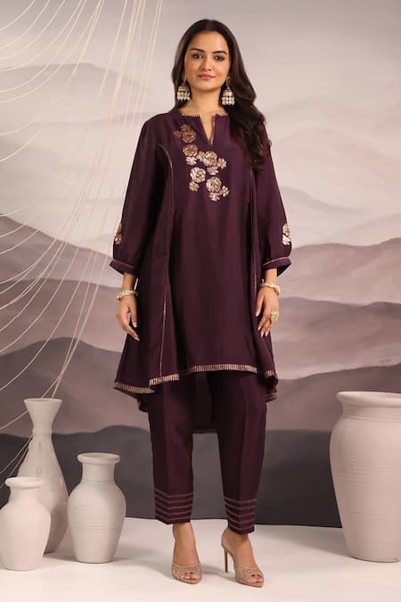 OMI_Wine Silk Embroidery, Sequins Split V-neck Floral Yoke Kurta With Pant _Online_at_Aza_Fashions