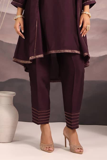 Buy_OMI_Wine Silk Embroidery, Sequins Split V-neck Floral Yoke Kurta With Pant _Online_at_Aza_Fashions