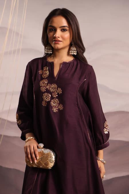Shop_OMI_Wine Silk Embroidery, Sequins Split V-neck Floral Yoke Kurta With Pant _Online_at_Aza_Fashions