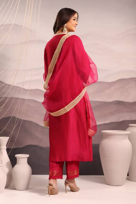 Shop OMI Magenta Silk Sequins, Lace V-neck Floral Embroidered Kurta And Pant Set at Aza Fashions Shop_OMI_Magenta Silk Sequins, Lace V-neck Floral Embroidered Kurta And Pant Set _at_Aza_Fashions