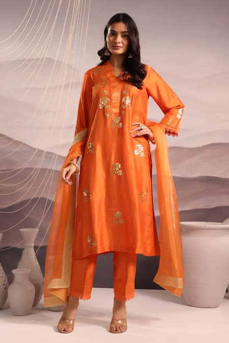 OMI Silk Floral Sequin Embroidered Kurta & Pant Set 