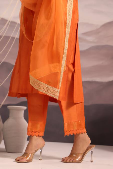 Shop_OMI_Orange Silk Sequins, Lace, Embroidery V-neck Floral Kurta And Pant Set _Online_at_Aza_Fashions