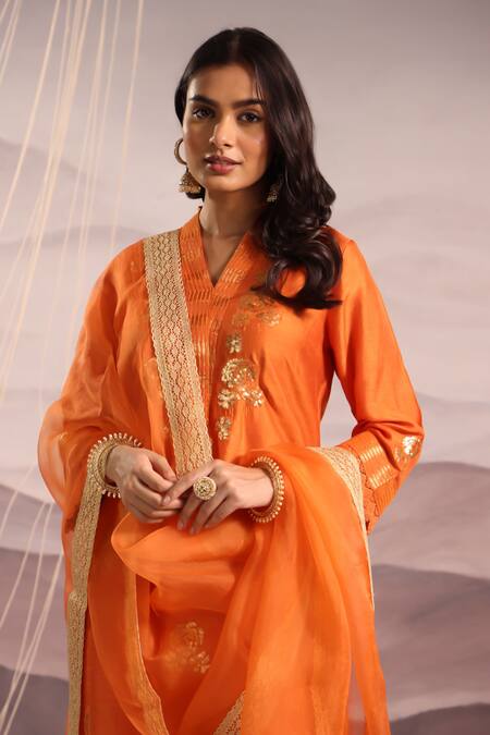 OMI_Orange Silk Sequins, Lace, Embroidery V-neck Floral Kurta And Pant Set _at_Aza_Fashions
