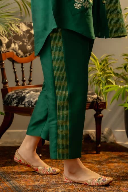 Buy OMI Green Silk Sequins Collared Floral Embroidered Shirt With Pant Online at Aza Fashions Buy_OMI_Green Silk Sequins Collared Floral Embroidered Shirt With Pant _Online_at_Aza_Fashions