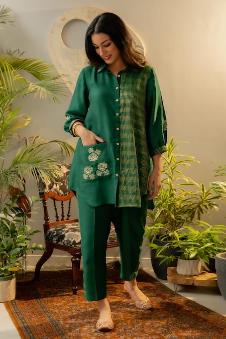 OMI Green Silk Sequins Collared Floral Embroidered Shirt With Pant at Aza Fashions OMI_Green Silk Sequins Collared Floral Embroidered Shirt With Pant _at_Aza_Fashions