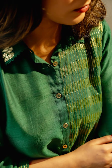 Shop OMI Green Silk Sequins Collared Floral Embroidered Shirt With Pant Shop_OMI_Green Silk Sequins Collared Floral Embroidered Shirt With Pant