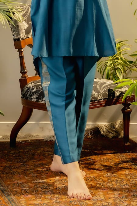OMI_Blue Silk Sequins, Embroidery V-neck Floral High Low Kurta With Straight Pant _Online_at_Aza_Fashions