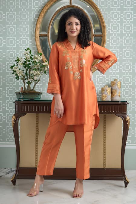OMI Orange Silk Sequins, Embroidery V-neck Floral Asymmetric Kurta With Pant Online at Aza Fashions OMI_Orange Silk Sequins, Embroidery V-neck Floral Asymmetric Kurta With Pant _Online_at_Aza_Fashions