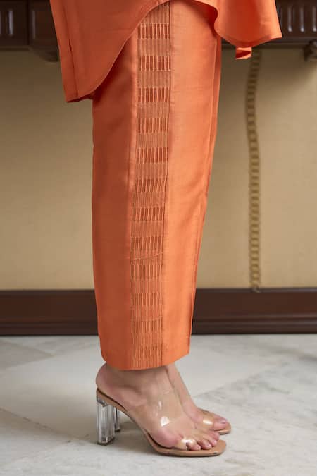 Buy OMI Orange Silk Sequins, Embroidery V-neck Floral Asymmetric Kurta With Pant Online at Aza Fashions Buy_OMI_Orange Silk Sequins, Embroidery V-neck Floral Asymmetric Kurta With Pant _Online_at_Aza_Fashions