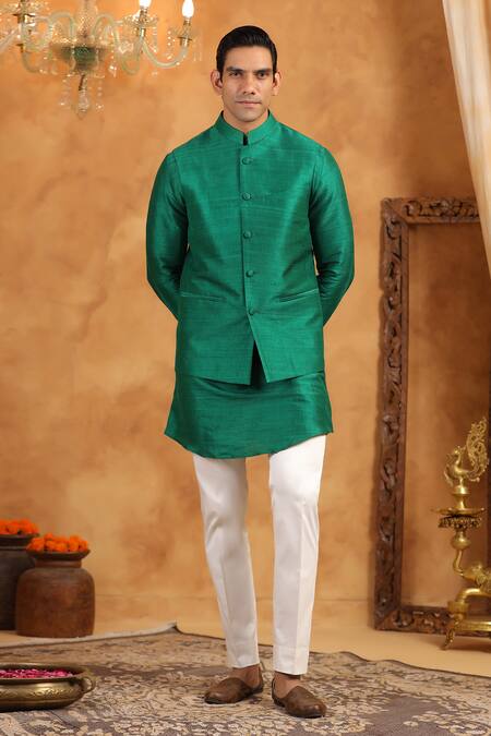 Raw & Rustic By Niti Bothra_Green Silk Raw Plain Bundi _Online_at_Aza_Fashions