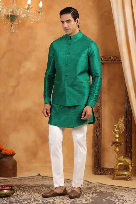 Buy_Raw & Rustic By Niti Bothra_Green Silk Raw Plain Bundi _Online_at_Aza_Fashions