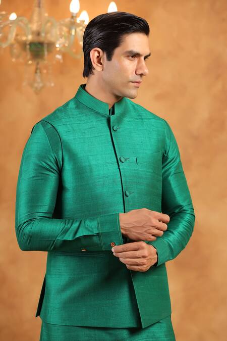 Shop_Raw & Rustic By Niti Bothra_Green Silk Raw Plain Bundi _Online_at_Aza_Fashions