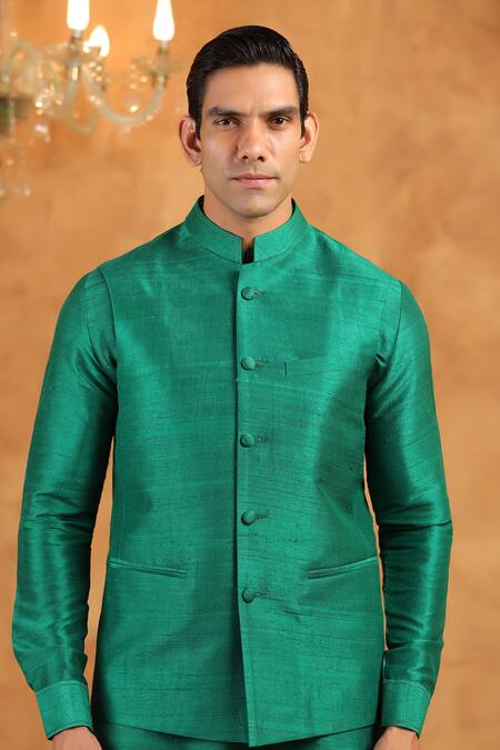 Raw & Rustic By Niti Bothra_Green Silk Raw Plain Bundi _at_Aza_Fashions