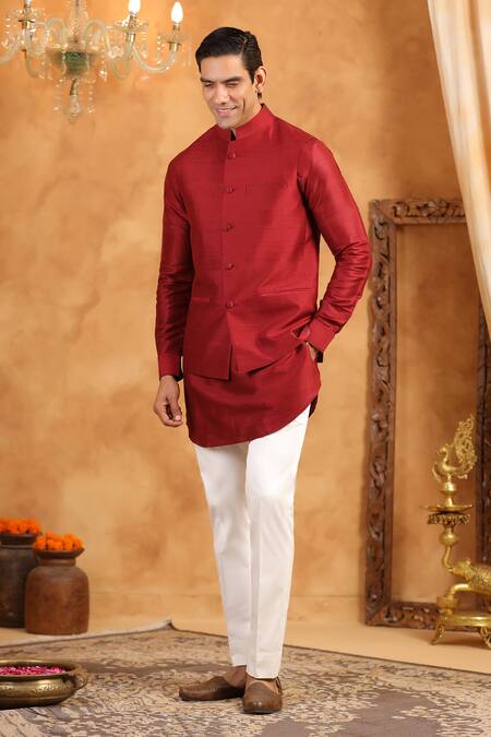 Shop_Raw & Rustic By Niti Bothra_Red Silk Plain Raw Bundi _Online_at_Aza_Fashions