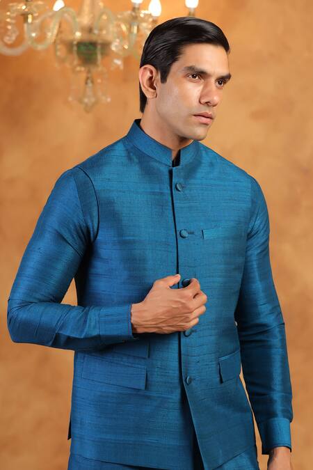 Shop_Raw & Rustic By Niti Bothra_Blue Silk Solid Raw Bundi _Online_at_Aza_Fashions