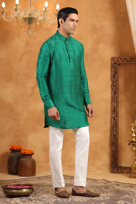Buy_Raw & Rustic By Niti Bothra_Green Silk Raw Kurta _Online_at_Aza_Fashions