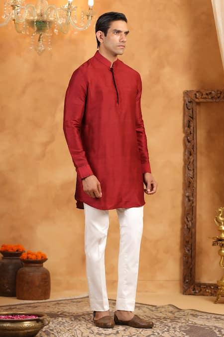 Raw & Rustic By Niti Bothra_Red Silk Raw Plain Kurta _Online_at_Aza_Fashions