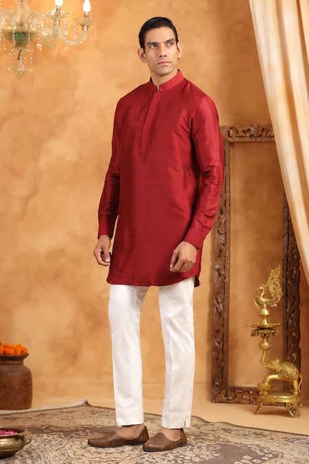 Buy_Raw & Rustic By Niti Bothra_Red Silk Raw Plain Kurta _Online_at_Aza_Fashions