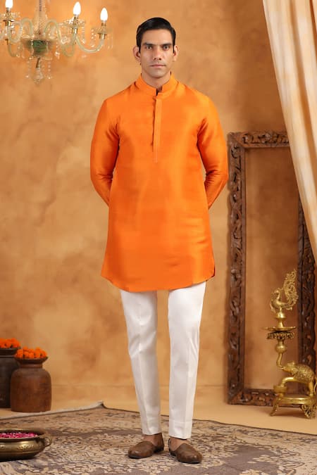 Raw & Rustic by Niti Bothra Orange 100% Raw Silk Plain Solid Kurta 