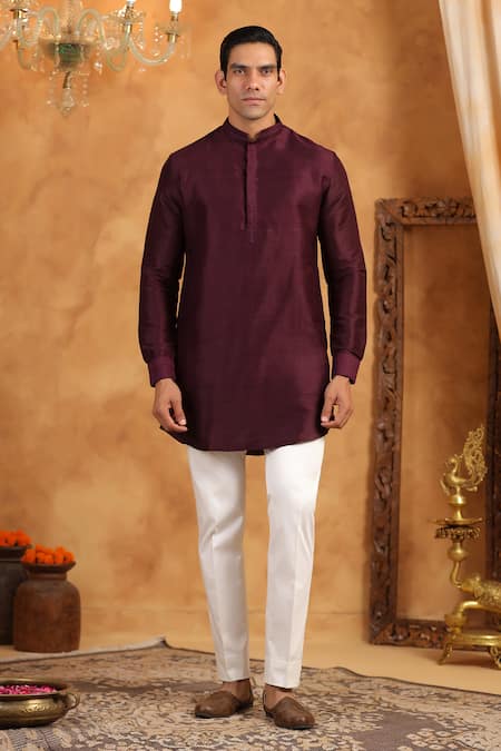 Shop_Raw & Rustic By Niti Bothra_Wine Silk Classic Solid Kurta _at_Aza_Fashions