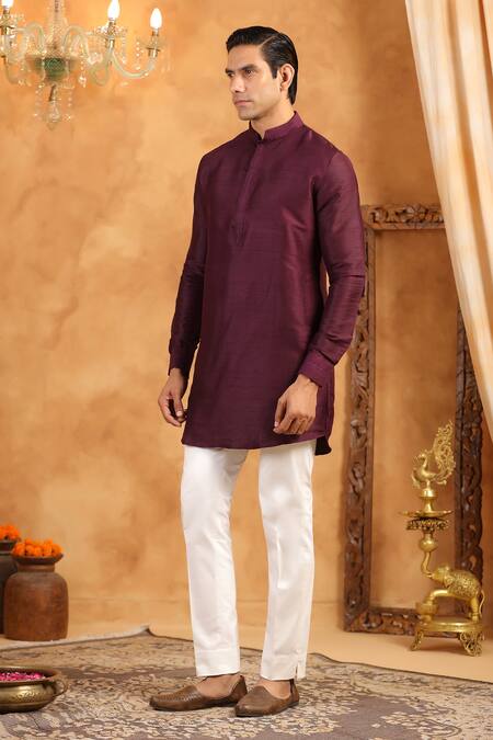 Raw & Rustic By Niti Bothra_Wine Silk Classic Solid Kurta _Online_at_Aza_Fashions