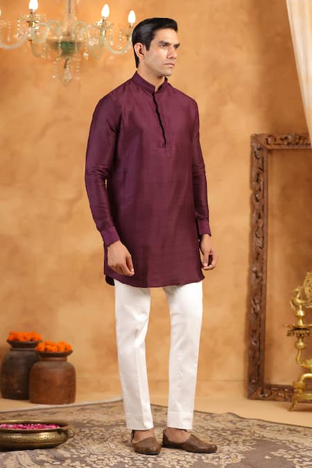 Buy_Raw & Rustic By Niti Bothra_Wine Silk Classic Solid Kurta _Online_at_Aza_Fashions