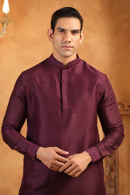 Shop_Raw & Rustic By Niti Bothra_Wine Silk Classic Solid Kurta _Online_at_Aza_Fashions