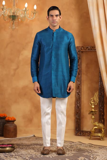 Raw & Rustic by Niti Bothra Blue 100% Raw Silk Plain Solid Kurta 