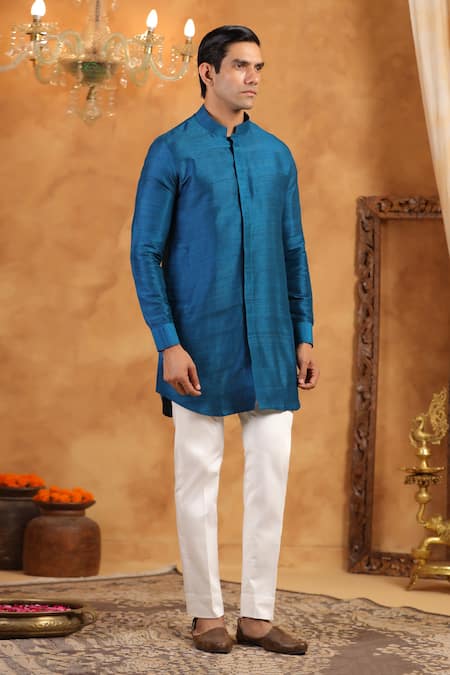 Shop_Raw & Rustic By Niti Bothra_Blue Silk Plain Solid Kurta _at_Aza_Fashions