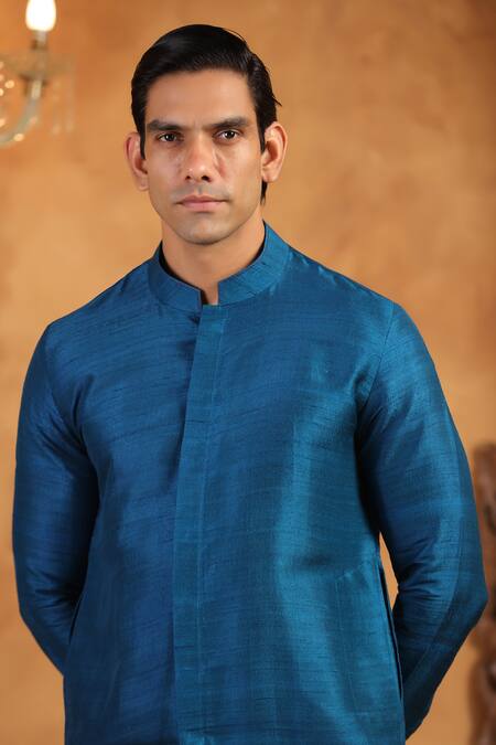 Buy_Raw & Rustic By Niti Bothra_Blue Silk Plain Solid Kurta _Online_at_Aza_Fashions