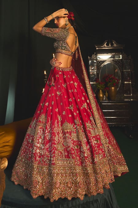 Shop Roqa Red Silk, Net Beads, Sequins, Zari Ahmar Zardozi Embroidered Bridal Lehenga Set at Aza Fashions Shop_Roqa_Red Silk, Net Beads, Sequins, Zari Ahmar Zardozi Embroidered Bridal Lehenga Set _at_Aza_Fashions