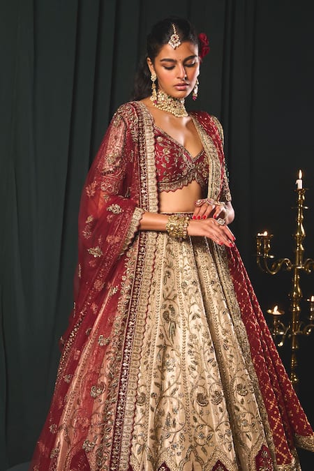 Roqa_Gold Silk, Net, Tissue Beads, Zari, Arous Botanical Bridal Lehenga Set _Online_at_Aza_Fashions