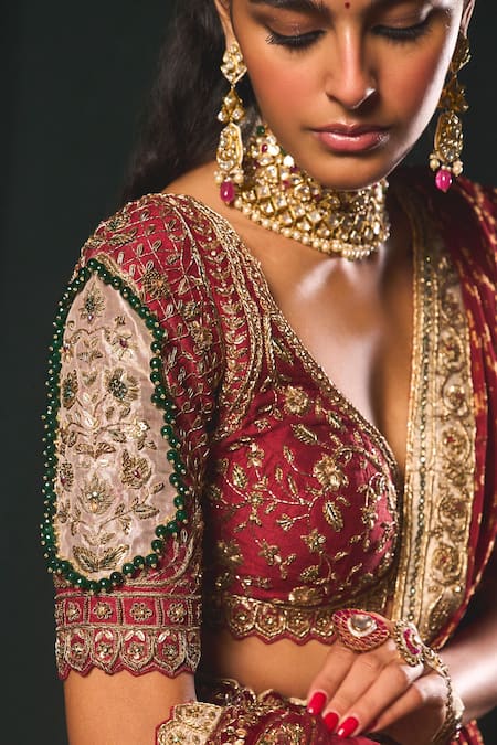 Buy_Roqa_Gold Silk, Net, Tissue Beads, Zari, Arous Botanical Bridal Lehenga Set _Online_at_Aza_Fashions