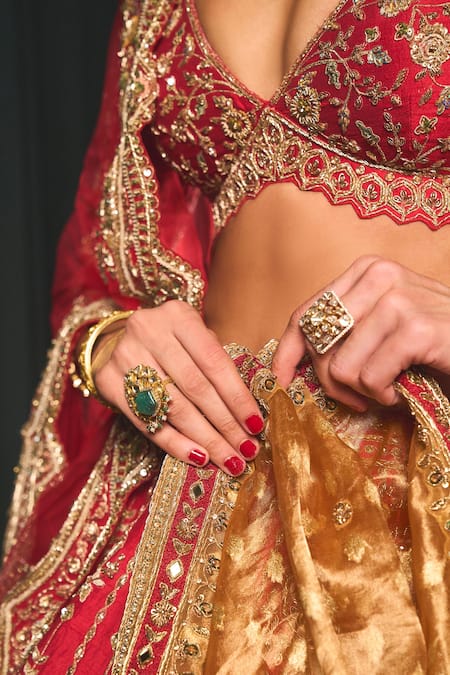 Roqa Red Silk, Net Sequins, Aziza Floral Patchwork Embroidered Bridal Lehenga Set Online at Aza Fashions Roqa_Red Silk, Net Sequins, Aziza Floral Patchwork Embroidered Bridal Lehenga Set _Online_at_Aza_Fashions