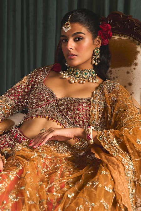 Buy Roqa Red Silk, Net Sequins, Aziza Floral Patchwork Embroidered Bridal Lehenga Set Online at Aza Fashions Buy_Roqa_Red Silk, Net Sequins, Aziza Floral Patchwork Embroidered Bridal Lehenga Set _Online_at_Aza_Fashions