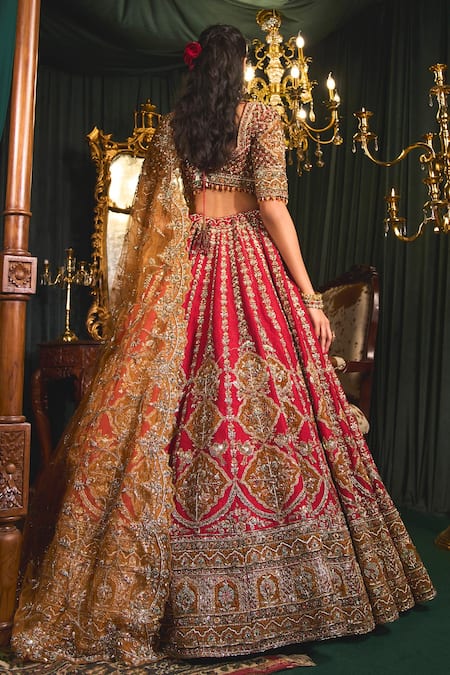 Shop Roqa Red Silk, Net Sequins, Aziza Floral Patchwork Embroidered Bridal Lehenga Set at Aza Fashions Shop_Roqa_Red Silk, Net Sequins, Aziza Floral Patchwork Embroidered Bridal Lehenga Set _at_Aza_Fashions