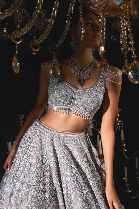 Roqa Purple Net Sequins Asymmetric Dariya Scallop Embroidered Bridal Lehenga Set Online at Aza Fashions Roqa_Purple Net Sequins Asymmetric Dariya Scallop Embroidered Bridal Lehenga Set _Online_at_Aza_Fashions