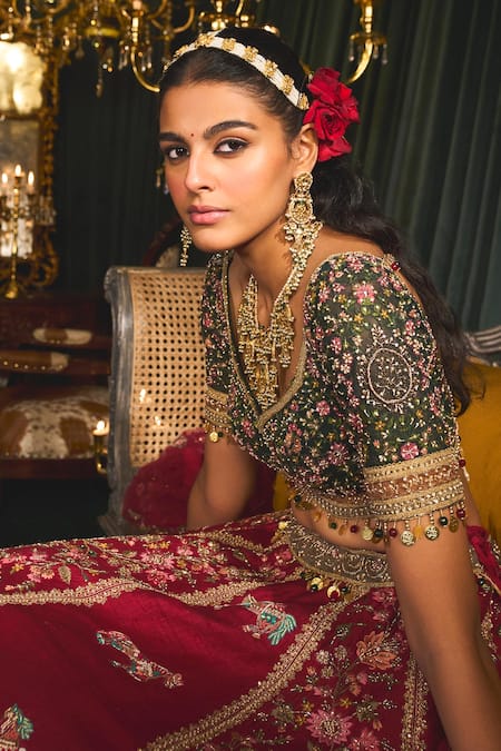 Buy Roqa Red Silk, Net Pearls, Zari, Sequins Faragh Resham Embroidered Bridal Lehenga Set Online at Aza Fashions Buy_Roqa_Red Silk, Net Pearls, Zari, Sequins Faragh Resham Embroidered Bridal Lehenga Set _Online_at_Aza_Fashions