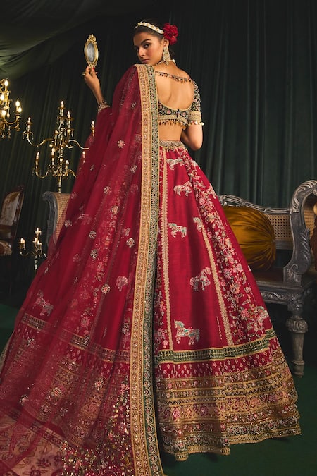 Shop Roqa Red Silk, Net Pearls, Zari, Sequins Faragh Resham Embroidered Bridal Lehenga Set at Aza Fashions Shop_Roqa_Red Silk, Net Pearls, Zari, Sequins Faragh Resham Embroidered Bridal Lehenga Set _at_Aza_Fashions