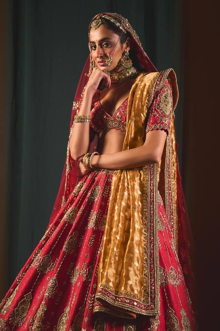 Roqa Red Silk, Net Sequins, Diamonds, Zari Kiana Embroidered Bridal Lehenga Set Online at Aza Fashions Roqa_Red Silk, Net Sequins, Diamonds, Zari Kiana Embroidered Bridal Lehenga Set _Online_at_Aza_Fashions