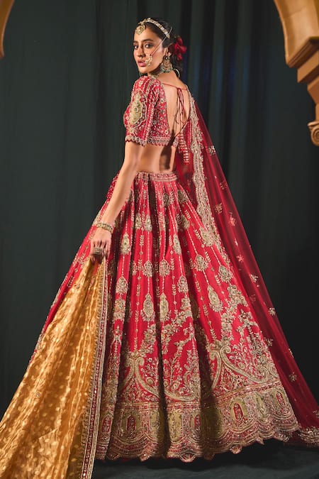 Shop Roqa Red Silk, Net Sequins, Diamonds, Zari Kiana Embroidered Bridal Lehenga Set at Aza Fashions Shop_Roqa_Red Silk, Net Sequins, Diamonds, Zari Kiana Embroidered Bridal Lehenga Set _at_Aza_Fashions