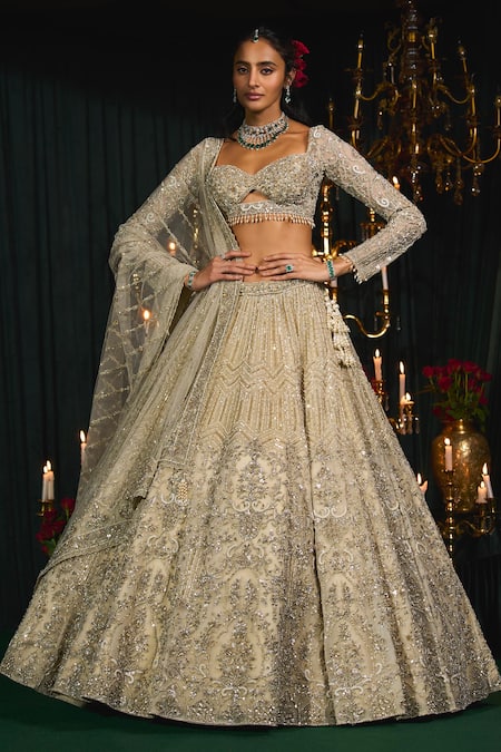 Buy Roqa Ivory Net Sequins, Zari, Metallic Thread Mahreen Embroidered Bridal Lehenga Set Online at Aza Fashions Buy_Roqa_Ivory Net Sequins, Zari, Metallic Thread Mahreen Embroidered Bridal Lehenga Set _Online_at_Aza_Fashions