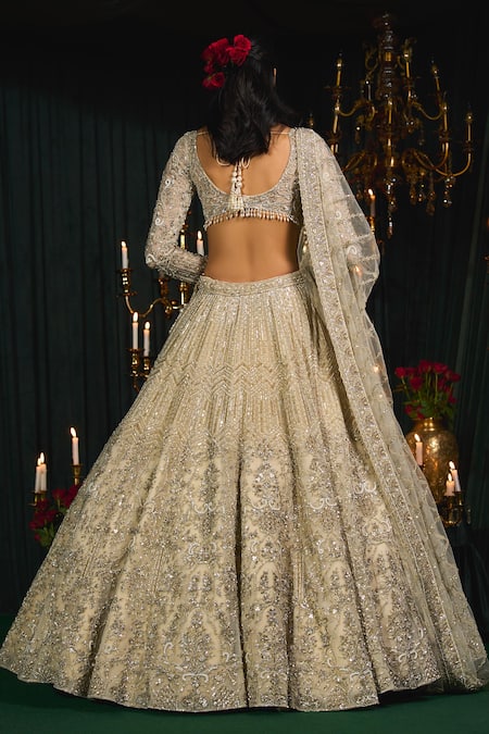 Shop Roqa Ivory Net Sequins, Zari, Metallic Thread Mahreen Embroidered Bridal Lehenga Set at Aza Fashions Shop_Roqa_Ivory Net Sequins, Zari, Metallic Thread Mahreen Embroidered Bridal Lehenga Set _at_Aza_Fashions