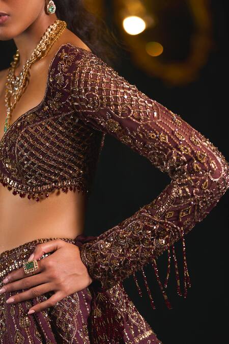 Shop Roqa Purple Net, Organza Crystals, Mahruq Moti Embroidered Bridal Lehenga Set Online at Aza Fashions Shop_Roqa_Purple Net, Organza Crystals, Mahruq Moti Embroidered Bridal Lehenga Set _Online_at_Aza_Fashions