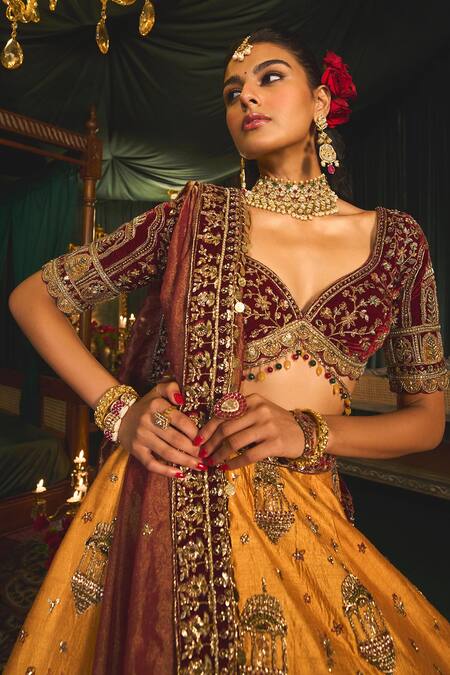 Roqa_Yellow Velvet, Tissue, Silk Nafidah Zardozi Embroidered Bridal Lehenga Set _Online_at_Aza_Fashions