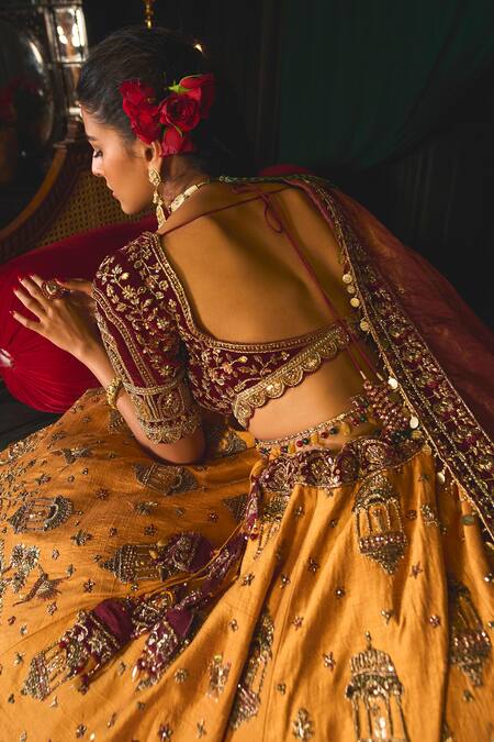Buy_Roqa_Yellow Velvet, Tissue, Silk Nafidah Zardozi Embroidered Bridal Lehenga Set _Online_at_Aza_Fashions