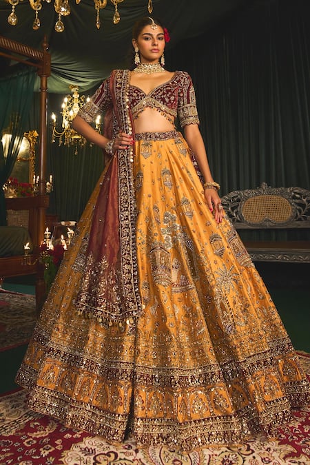 Roqa Yellow Lehenga Raw Silk Embroidery Sequin Leaf Nafidah Zardozi Bridal Set 