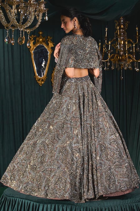 Shop_Roqa_Brown Net, Organza Crystals, Cut Work, Naqsh Embroidered Jacket Lehenga Set _at_Aza_Fashions