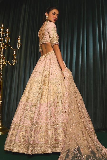 Shop Roqa Pink Silk, Net Sequins, Beads Qasr Thread Embroidered Bridal Lehenga Set at Aza Fashions Shop_Roqa_Pink Silk, Net Sequins, Beads Qasr Thread Embroidered Bridal Lehenga Set _at_Aza_Fashions